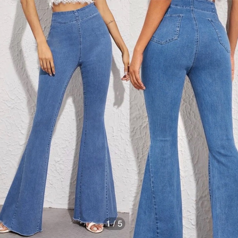 SHEIN High Waist Super Flare Raw Hem Pull On Side Zip Jeans Long Inseam